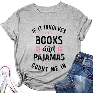 Women T-Shirt Cotton Blend Short Sleeve Round Neck Slogan Print Books And Pajamas Casual Loose Tops