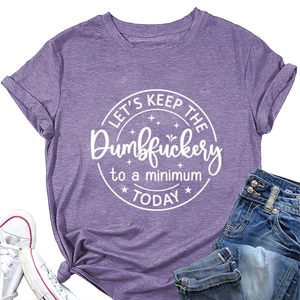 Flat lay of purple heathered t-shirt with Let's Keep the Dumbfuckery slogan and jeans