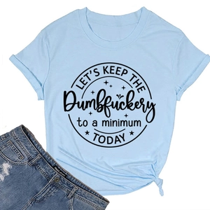 Detail of light blue t-shirt with slogan print and stylish knotted hem design