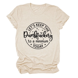 Detail of artistic black typography printed on a beige cotton crew neck short sleeve T-shirt