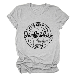 Detail of grey cotton T-shirt featuring black slogan print with stars on white background
