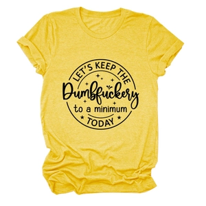 Detail of a bright yellow cotton T-shirt featuring a black circular graphic slogan