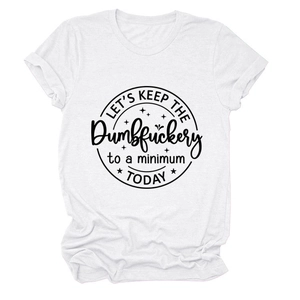 Close-up of circular slogan print on white cotton T-shirt with minimal aesthetic