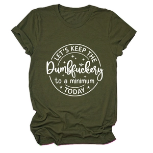 Detail of army green cotton T-shirt featuring white slogan print and cuffed sleeves