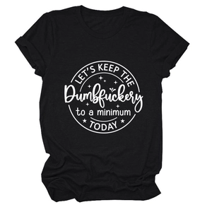 Detailed flat lay of black crew neck T-shirt with white circular slogan print