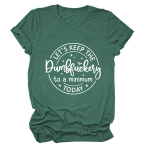 Dark green short sleeve T-shirt with white circular slogan print on plain background