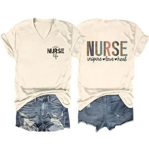Maglietta da Donna con Scollo a V Nurse Life Maglia Casual a Maniche Corte in Misto Cotone con Stampa Grafica e Lettere