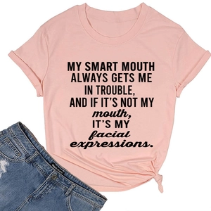 Pink crew neck T-shirt featuring My Smart Mouth slogan print and side knot detail