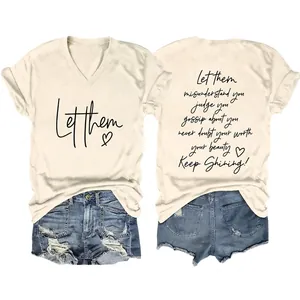 T-Shirt Femme Col En V Imprimé Let Them Graphique Sur Les Deux Faces Décontracté Manches Courtes Streetwear Mélange Coton