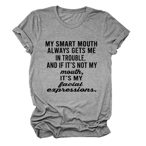 Close-up of My Smart Mouth slogan print on a heather grey cotton t-shirt with crew neck