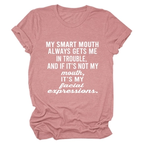 Detail of mauve heather t-shirt featuring a funny quote print and stylish rolled sleeves