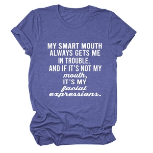 Detail of soft heather purple t-shirt fabric with white 'My smart mouth' quote print