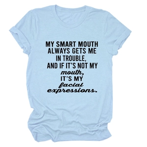 Close-up of My Smart Mouth slogan print on light blue cotton crew neck t-shirt
