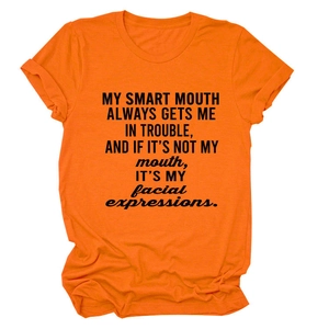 Orange crewneck T-shirt with My Smart Mouth letter print and rolled sleeves for casual wear