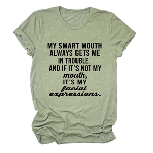 Women's crewneck short sleeve gray-green T-shirt with 'My Smart Mouth' slogan print
