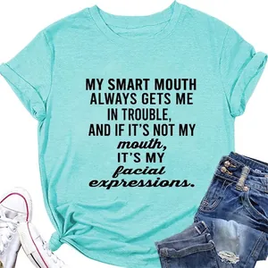 Women's Casual Short Sleeve Round Neck T-Shirt Funny Slogan Print Side Knot Cotton Blend Summer Tee Top Streetwear Clothing