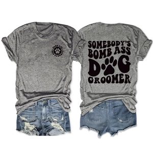 Detail of grey dog groomer t-shirt and ripped denim shorts set showing front and back