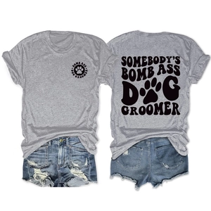 Detailed front and back view of gray short sleeve tee with dog groomer graphic