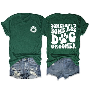 Dog groomer theme forest green t-shirt and denim shorts set with front back print