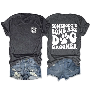 Front and back view of grey dog groomer t-shirt with blue denim shorts on white background