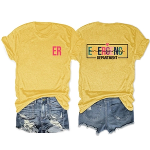 T-shirt jaune à imprimé Emergency Department, vues de face et de dos sur fond blanc