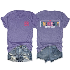 Ensemble t-shirt violet imprimé Emergency Department et short en jean, vue recto-verso