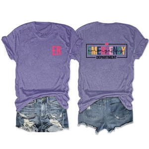Détails recto-verso du t-shirt chiné violet Emergency Department pour personnel médical