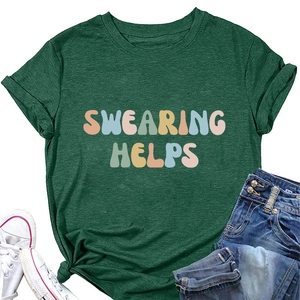 Detail of dark green cotton T-shirt featuring Swearing Helps slogan with rolled cuffs