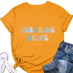 Close-up of Swearing Helps graphic t-shirt with mustard yellow cotton fabric and round neck