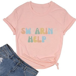 Close-up of pink cotton t-shirt with colorful Swearing Helps letter print detail