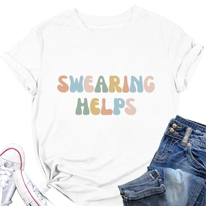 Detail of white cotton T-shirt with Swearing Helps print and stylish side knot design