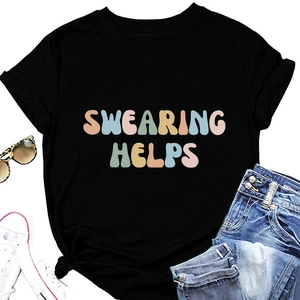 Flat lay of black Swearing Helps slogan T-shirt with denim shorts and white sneakers