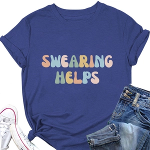 Flat lay of navy cotton T-shirt with Swearing Helps text, jeans and canvas sneakers