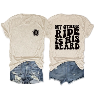 Oatmeal crew neck T-shirt with My Other Ride Is His Beard print and distressed denim shorts