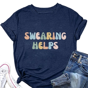 Flat lay of navy cotton t-shirt with Swearing Helps print, denim shorts and sneakers