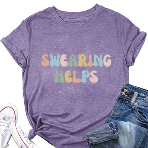 Close-up of Swearing Helps graphic print on a purple casual cotton T-shirt
