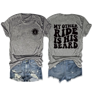 Front and back view of heather gray t-shirt with My Other Ride Is His Beard print