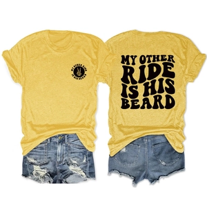 Front and back view of yellow T-shirt with 'My Other Ride Is His Beard' print and denim shorts