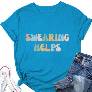 Flat lay of bright blue crew neck T-shirt with colorful Swearing Helps print and denim shorts