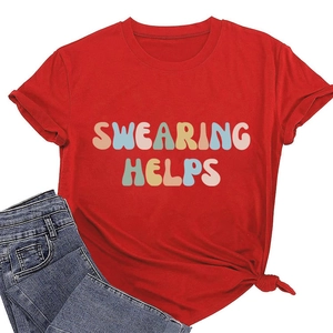 Flat lay of a red cotton t-shirt with colorful Swearing Helps vintage pop lettering