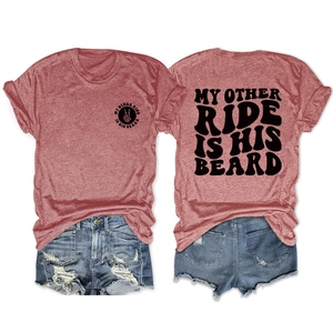 Detail view of red heathered T-shirt with My Other Ride Is His Beard back print