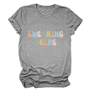Close-up of grey cotton T-shirt featuring Swearing Helps colorful typography print