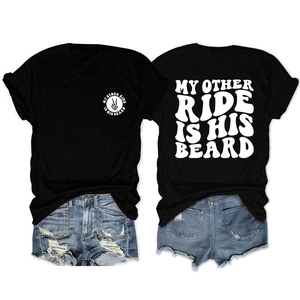 Detail of front and back print on black cotton T-shirt featuring beard slogan design