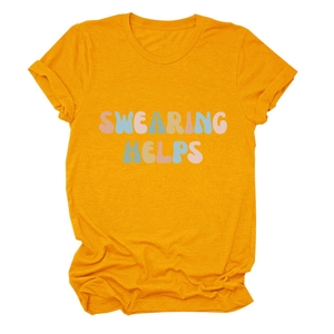 Detail of the cotton fabric texture and Swearing Helps lettering on the orange t-shirt