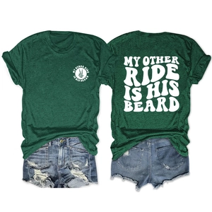 Detail of dark green heather t-shirt featuring white retro script typography on both sides