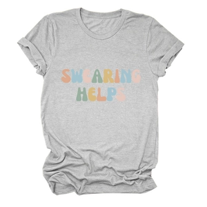 Detail of soft heather gray t-shirt featuring colorful Swearing Helps art text