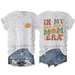 Detail view of In My Sourdough Mom Era tee with distressed denim shorts set