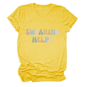 Detail of yellow cotton blend t-shirt featuring SWEARING HELPS slogan and rolled cuffs