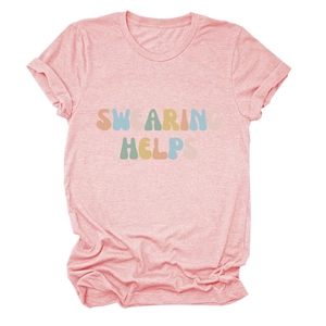 Detail of pink heather t-shirt featuring artistic colorful Swearing Helps typography