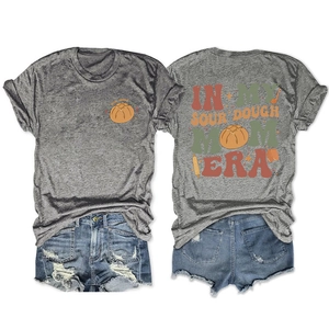 Detailed back view of grey cotton t-shirt with retro sourdough mom era bread print